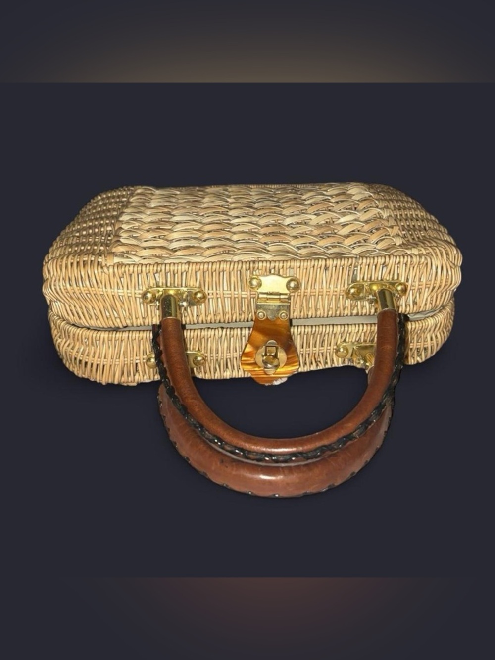 Woven Straw Box Bag with Brown Leather Handles